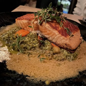 Beeside Balcony - Salmon: also under-seasoned. but very well cooked with a crispy skin - Mediterranean Near Me - Del Mar, California Beeside Balcony - Salmon: also under-seasoned. but very well cooked with a crispy skin - Mediterranean Near Me - Del Mar, California