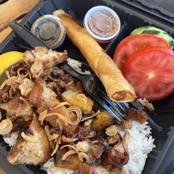 Jing-Jing's Filipino Cuisine - Binagoognan plate with lumpia - Food Trucks Near Me - Eugene, Oregon Jing-Jing's Filipino Cuisine - Binagoognan plate with lumpia - Food Trucks Near Me - Eugene, Oregon