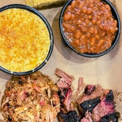 Mission BBQ - Pulled pork, burnt ends, Mac-n-cheese, baked beans, cornbread