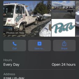 Pat's Towing company business hours.