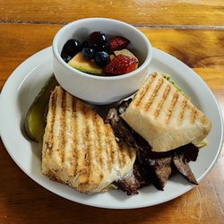 Lee’s Coffee & Tea - Pastrami on hoagie... very light meat... with a side of fruit