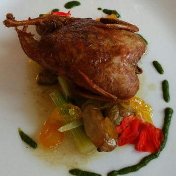 Cafe G - Quinoa and sausage stuffed quail ($23). Nasturtium, sunchoke, kumquat agrodolce - New American Near Me - Boston, Massachusetts