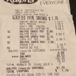 Ralphs - This receipt features the price of the pie I have been paying every time I've come to Ralph's. They have raised the price by 15.4%.