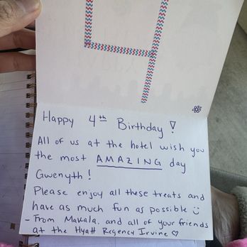 Hyatt Regency Irvine - Some treats were left in our room and the sweetest hand written note from the front desk. Shout out to Makala! - Hotels Near Me - Irvine, California