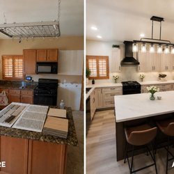 Cali Home Construction - Full kitchen transformation with a new layout, custom cabinetry, large island, countertops, lighting, flooring, and modern finishes.