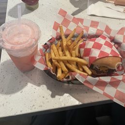 Signature Double Smash (2/3 lb) w/ Cheese & Fries Pink Bling Secret Soda Signature Double Smash (2/3 lb) w/ Cheese & Fries Pink Bling Secret Soda