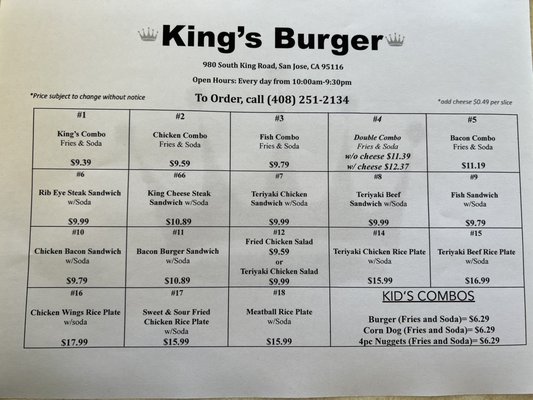 Menu photo 1 King's Burger San Jose, CA