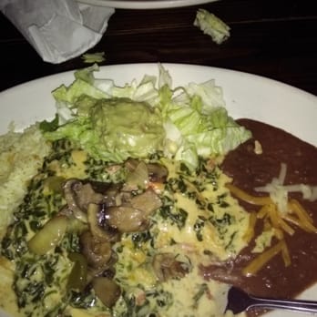 The Wild Turkey - This chicken and spinach enchiladas i added mushrooms with the sides beans and rice.  Very good - New American Near Me - Dallas, Texas