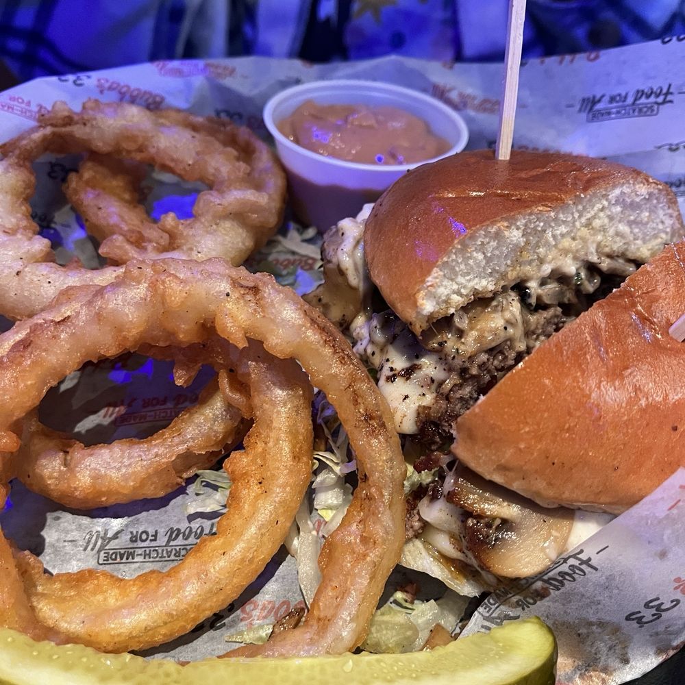Bubba's 33 - Wild Shroomin' Burger* with onion rings - Pizza Near Me - Oklahoma City, Oklahoma
