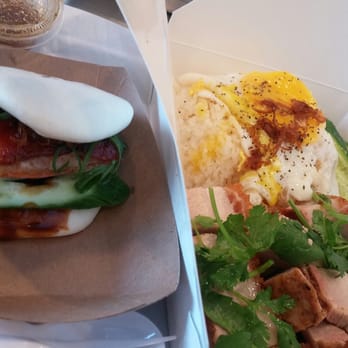 Baos Hog - Duck Bao and the crispy pork belly with rice and a sunny side up egg on top - Chinese Near Me - Garden Grove, California