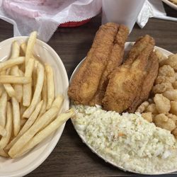 Village Inn Seafood and BBQ - Catfish, shrimp, coleslaw and fries.