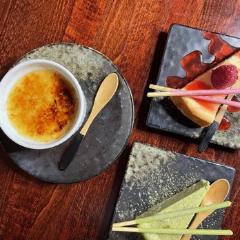 Hakacha Restaurant - Creme brûlée dessert with a mango and green tea cheesecake - Ramen Near Me - Ithaca, New York