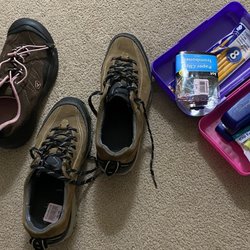Goodwill Store and Donation Center - Keen hiking shoes ($14.99). Clark's Hiking Shies ($6.99). Various office supplies. (May. 2023).