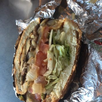 Five Guys - Veggie 'wich. Lettuce, tomato, mushrooms, no green peppers. Light cheese. Cut in half. Dbl grill bun for toasty crunchy-ness. - Burgers Near Me - San Jose, California