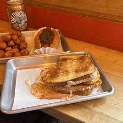 BSF - Burgers Shakes & Fries - Sweet potato tots! Chili Dog & Buffalo Chicken Sandwich