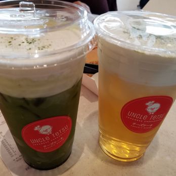 Uncle Tetsu - Macha green tea with cheese foam on the left and green tea with cheese foam on the right. - Desserts Near Me - San Mateo, California