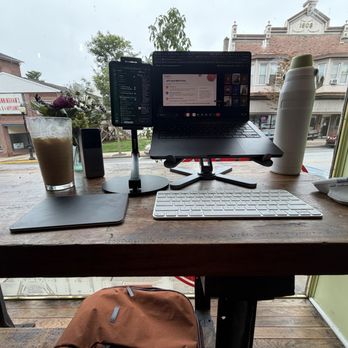 Brewed Awakening - Remote working from Brewed Awakening. The high top + stool combo is perfect for sitting or standing. - Coffee & Tea Near Me - Royersford, Pennsylvania