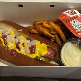 All American hot dog and sweet potato fries.
