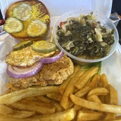 Game Day Chicken Wings Burgers & Fish - Pork chop sandwich with greens and fries