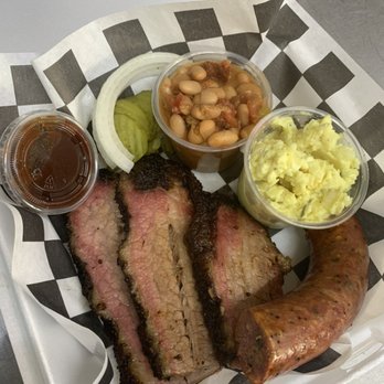 Gruene Barbecue - 2 meat / 2 side plate - brisket, sausage, beans and potato salad - Food Trucks Near Me - New Braunfels, Texas Gruene Barbecue - 2 meat / 2 side plate - brisket, sausage, beans and potato salad - Food Trucks Near Me - New Braunfels, Texas