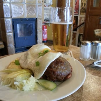 Stadtklause - Rissoles with fried eggs and potatoes. Accompanied by a Pils. - German Near Me - Berlin, BE