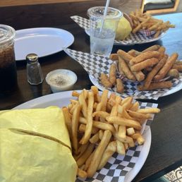 Frisco Burger, fries, and fried zucchini Frisco Burger, fries, and fried zucchini