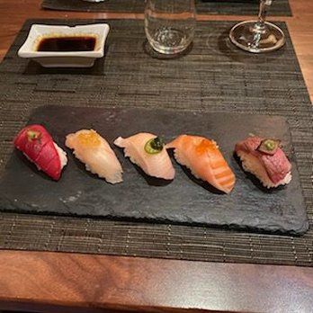 O-Ku - Nigiri - tuna, some white fish, hamachi, salmon belly, waygu beef 6th course - Sushi Bars Near Me - Raleigh, North Carolina O-Ku - Nigiri - tuna, some white fish, hamachi, salmon belly, waygu beef 6th course - Sushi Bars Near Me - Raleigh, North Carolina