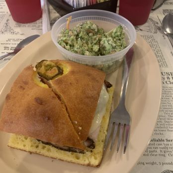 Kitt's Kornbread Sandwich & Pie Bar - The Sicilian with broccoli salad. It was good. - Bakeries Near Me - Jefferson, Texas Kitt's Kornbread Sandwich & Pie Bar - The Sicilian with broccoli salad. It was good. - Bakeries Near Me - Jefferson, Texas