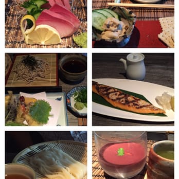 Leichi - Hamachi sashimi, Kani miso cheese, House made soba with tempura, Grilled salmon belly, Inaniwa udon, and Acai mousse - Japanese Near Me - Santa Clara, California
