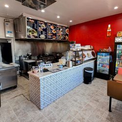 The counter and kitchen