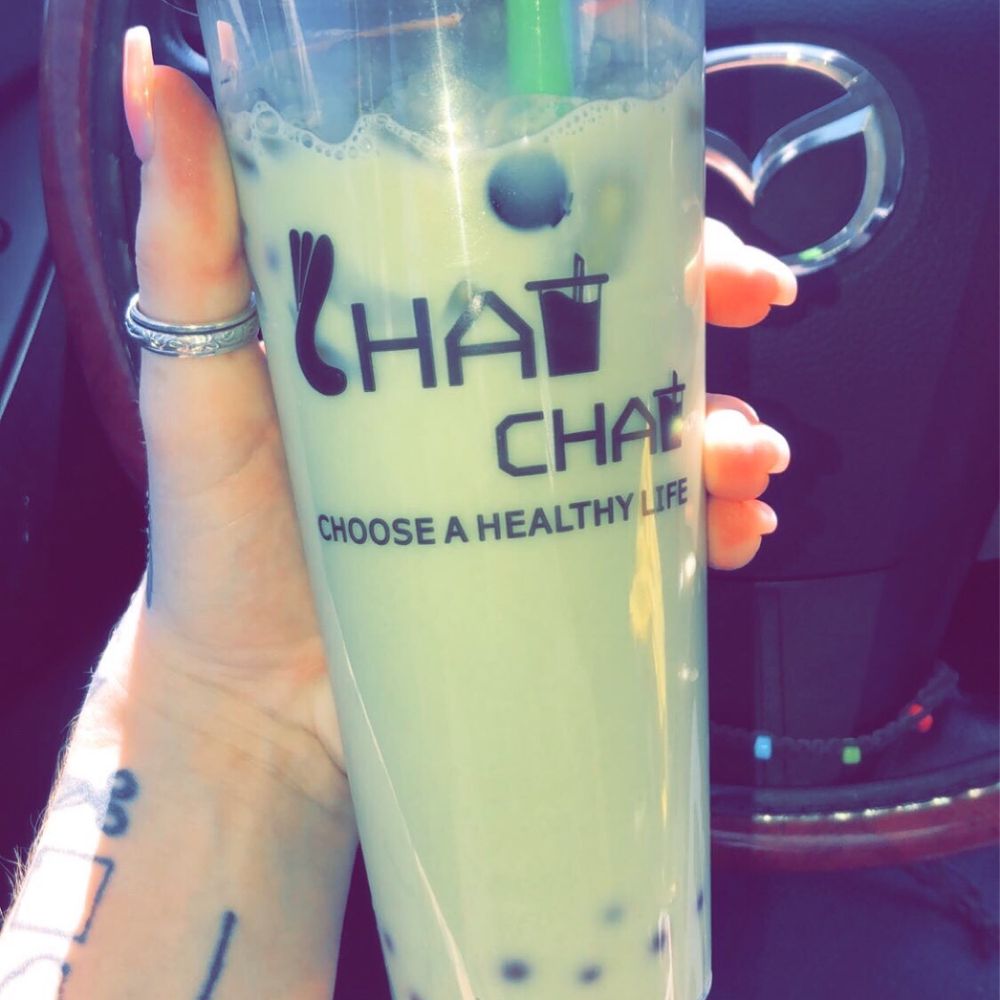 Matcha milk tea w/ strawberry popping boba