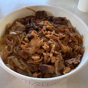 California Gogi Grill - Stacked Bowl - Bulgogi and Spicy Pork over Japchae and Rice - Korean Near Me - Irvine, California