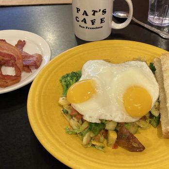 Pat's Cafe - Veggie hash, two sunny side up eggs, sourdough toast, side of bacon. - Breakfast & Brunch Near Me - San Francisco, California