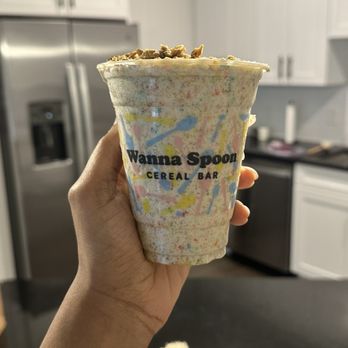 Wanna Spoon Cereal Bar - Dairy-free vanilla milkshake with fruity pebbles and Cap'n Crunch's Crunch Berries cereal blended in and topped with granola - Coffee & Tea Near Me - Nashville, Tennessee Wanna Spoon Cereal Bar - Dairy-free vanilla milkshake with fruity pebbles and Cap'n Crunch's Crunch Berries cereal blended in and topped with granola - Coffee & Tea Near Me - Nashville, Tennessee