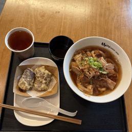 Pork Udon with side of eggplant tempura Pork Udon with side of eggplant tempura