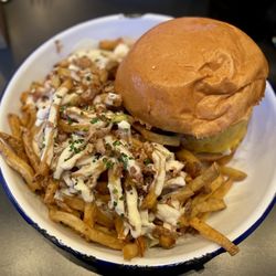 PNY Voyager - Paris New York - Golden Burger (PNY chopped steak, cheddar, smoked pork belly, beefheart tomato, old fashioned pepper sauce) w/ cream fries