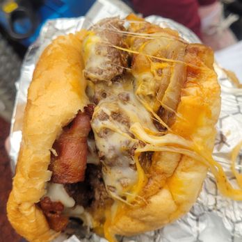 Dominicks - FOUR patties on the BBQ bacon burger - double the meat. - Pizza Near Me - Parkville, Maryland