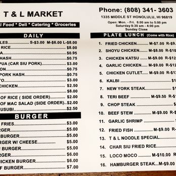 T & L Market - Da take out menu as of March 29, 2023 - Hawaiian Near Me - Honolulu, Hawaii T & L Market - Da take out menu as of March 29, 2023 - Hawaiian Near Me - Honolulu, Hawaii