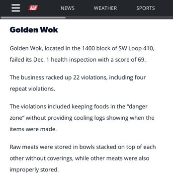 Golden Wok - KSAT Fail inspection - Chinese Near Me - San Antonio, Texas