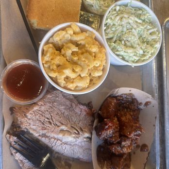 Black Hog BBQ - Half Texas brisket & half Arkansas brisket. With Mac and cheese, coleslaw, and corn bread. Oh and it comes with two pickles - Barbeque Near Me - Frederick, Maryland