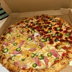 All Ages Pizza - Half pepperoni half Hawaiian with jalapeño