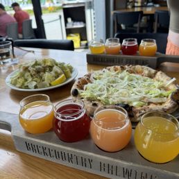 Cheese burger pizza and sour flight