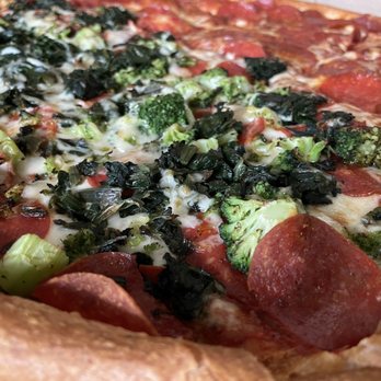 Athena's Pizza - Large delicious custom pizza all pepperoni and half with broccoli and sautéed spinach! Yum!!! - Greek Near Me - Amherst, Massachusetts