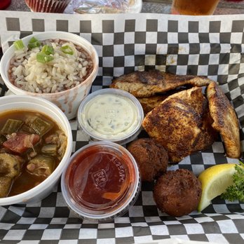Kitchen 251 - Blackened mahi-mahi, red beans and rice, stewed tomato-okra. Wow. Fish cooked to perfection. - Food Trucks Near Me - Fernandina Beach, Florida