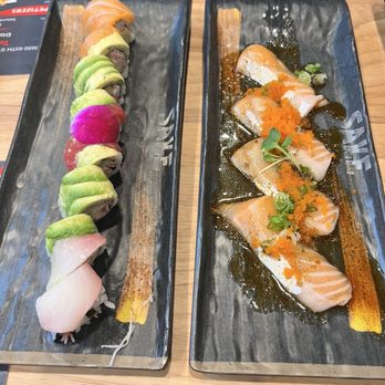 Sake - Left: Rainbow Roll Right: Salmon Belly Sashimi - Japanese Near Me - Sacramento, California Sake - Left: Rainbow Roll Right: Salmon Belly Sashimi - Japanese Near Me - Sacramento, California