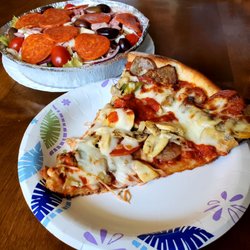 Mario's Pizzeria - Mario's Special Pizza slice and a Cold Antipasto Salad
