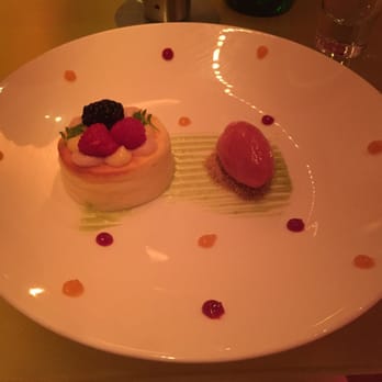 Morimoto - Cheesecake soufflé with strawberry wine sorbet, mango and passionfruit purée - Japanese Near Me - Philadelphia, Pennsylvania