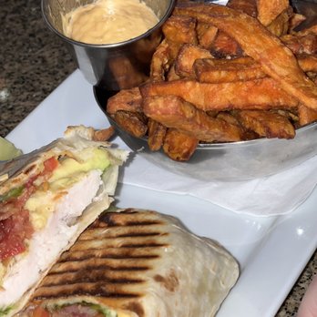 Chez Fabien - Chicken Avocado BLT wrap with sweet potato fries perfect! - French Near Me - Grapevine, Texas