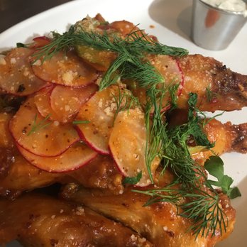 Culinary Dropout - HOT WINGS: buffalo sauce, honey mustard seed, shaved carrots & celery - New American Near Me - Tucson, Arizona