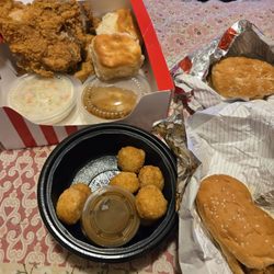 KFC - Chicken Littles, fried chicken, mashed potatoes/gravy mashed potato poppers. All the food was great. Thanks for a great meal KFC staff !